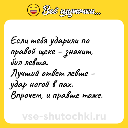 Шутка: Если тебя ударили по правой щеке – значит, бил левша.<br>Лучший ответ левше – удар ногой в пах.<br>Впрочем, и правше тоже.