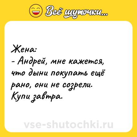 Шутка: Жена:<br>- Андрей, мне кажется, что дыни покупать ещё рано, они не созрели. Купи завтра.