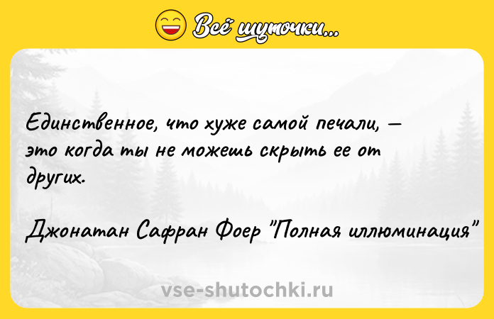 Цитата: Единственное, что хуже самой печали, это когда ты не можешь скрыть ее от других.Джонатан Сафран Фоер Полная иллюминация
