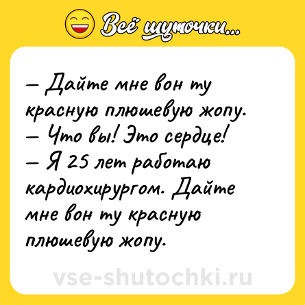 Шутка: — Дайте мне вон ту красную плюшевую жопу.<br>— Что вы! Это сердце!<br>— Я 25 лет работаю кардиохирургом. Дайте мне вон ту красную плюшевую жопу.