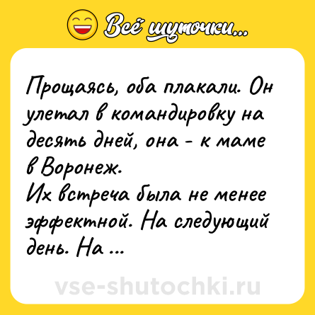 Шутка: Прощаясь, оба плакали. Он улетал в командировку на десять дней, она - к маме в Воронеж.<br>Их встреча была не менее эффектной. На следующий день. На пляже в Египте.