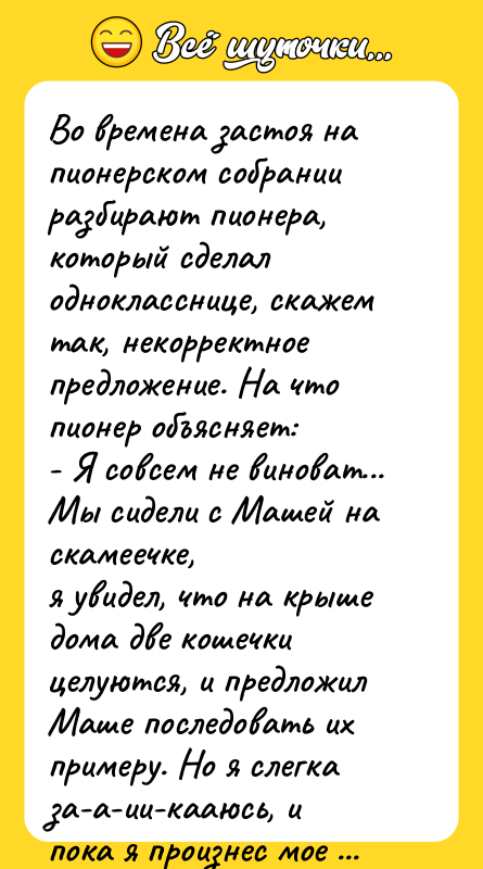 Во времена застоя на пионерском собрании разбирают пионера, который сделал