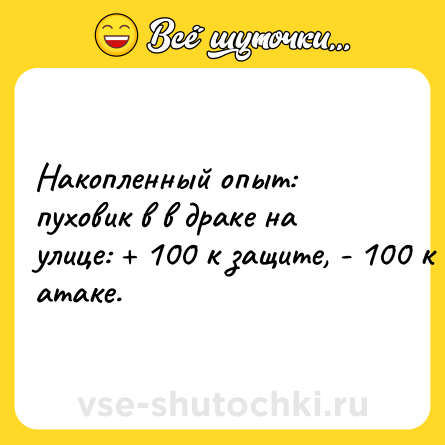 Шутка: Накопленный опыт: пуховик в в драке на улице: + 100 к защите, - 100 к атаке.