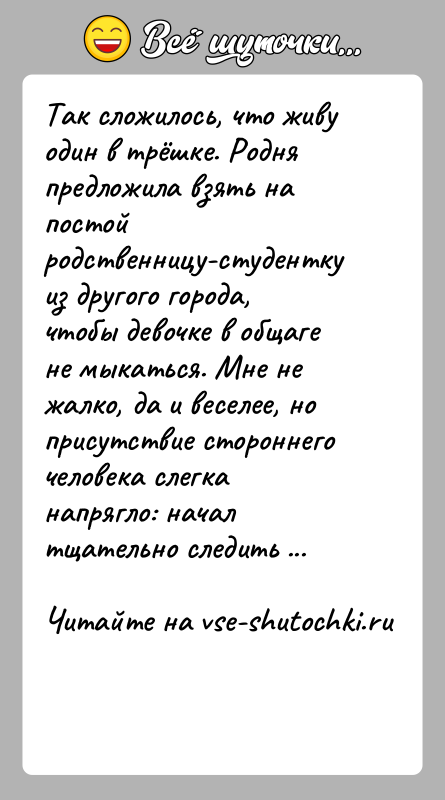История: Так сложилось, что живу один в трёшке. Родня предложила взять на постой родственницу-студентку из другого города, чтобы девочке в общаге