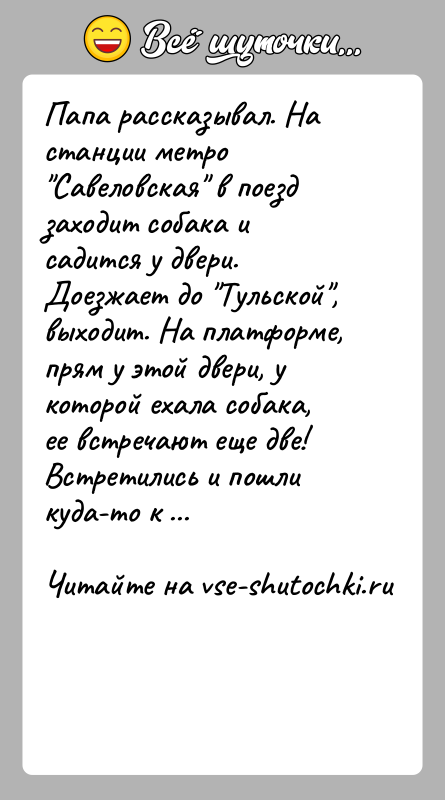 История: Папа рассказывал. На станции метро Савеловская в поезд заходит собака и садится у двери. Доезжает до Тульской , выходит. На платформе,