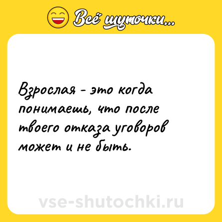 Шутка: Взрослая - это когда понимаешь, что после твоего отказа уговоров может и не быть.
