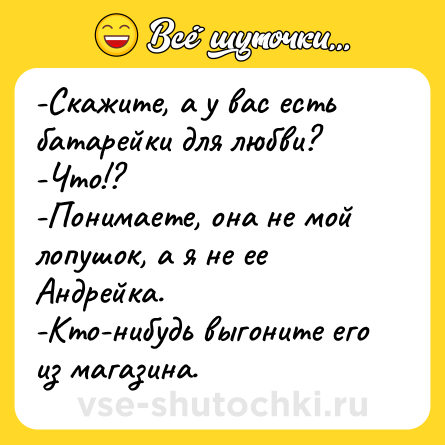 Шутка: -Скажите, а у вас есть батарейки для любви?<br>-Что!?<br>-Понимаете, она не мой лопушок, а я не ее Андрейка.<br>-Кто-нибудь выгоните его из магазина.