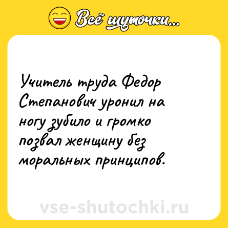 Шутка: Учитель труда Федор Степанович уронил на ногу зубило и громко позвал женщину без моральных принципов.