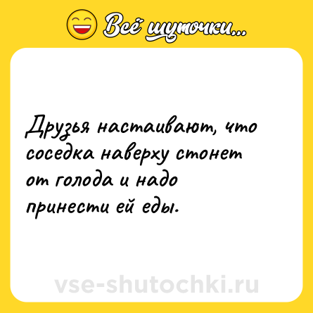 Шутка: Друзья настаивают, что соседка наверху стонет от голода и надо принести ей еды.
