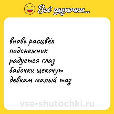 Шутка: вновь расцвёл подснежник <br>радуется глаз <br>бабочки щекочут <br>девкам малый таз