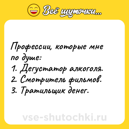 Шутка: Профессии, которые мне по душе:<br>1. Дегустатор алкоголя.<br>2. Смотритель фильмов. <br>3. Тратильщик денег.