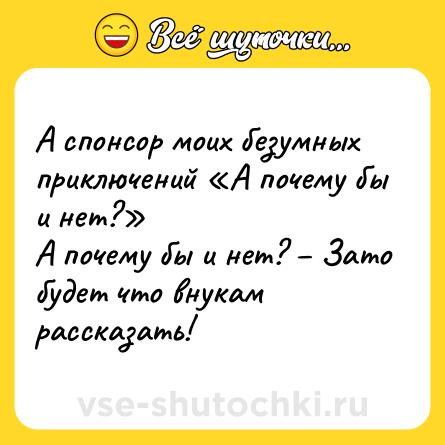 Шутка: А спонсор моих безумных приключений «А почему бы и нет?»<br>А почему бы и нет? – Зато будет что внукам рассказать!