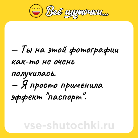 Шутка: — Ты на этой фотографии как-то не очень <br>получилась. <br>— Я просто применила эффект 