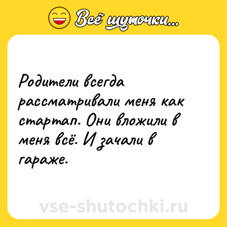 Шутка: Родители всегда рассматривали меня как стартап. Они вложили в меня всё. И зачали в гараже.