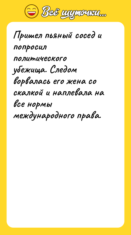 Пришел пьяный сосед и попросил политического убежища. Следом ворвалась его