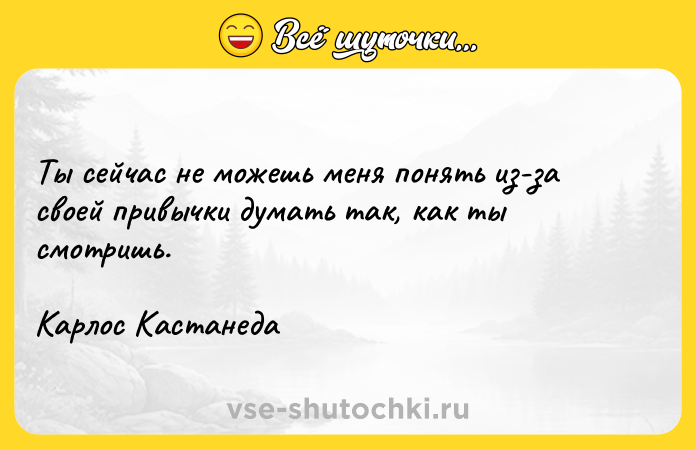 Цитата: Ты сейчас не можешь меня понять из-за своей привычки думать так, как ты смотришь. Карлос Кастанеда