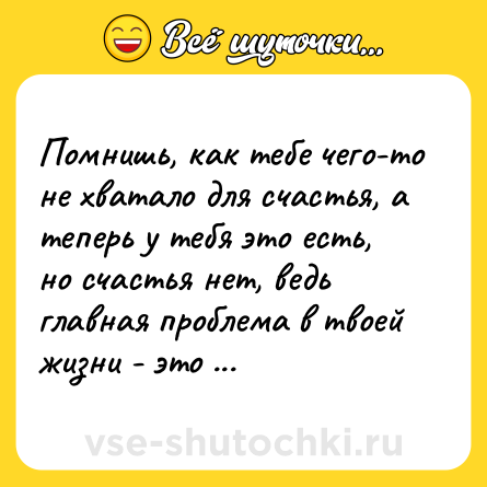 Шутка: Помнишь, как тебе чего-то не хватало для счастья, а теперь у тебя это есть, но счастья нет, ведь главная проблема в твоей жизни - это ты.