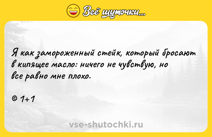 Цитата: Я как замороженный стейк, который бросают в кипящее масло: ничего не чувствую, но все равно мне плохо. 1 1