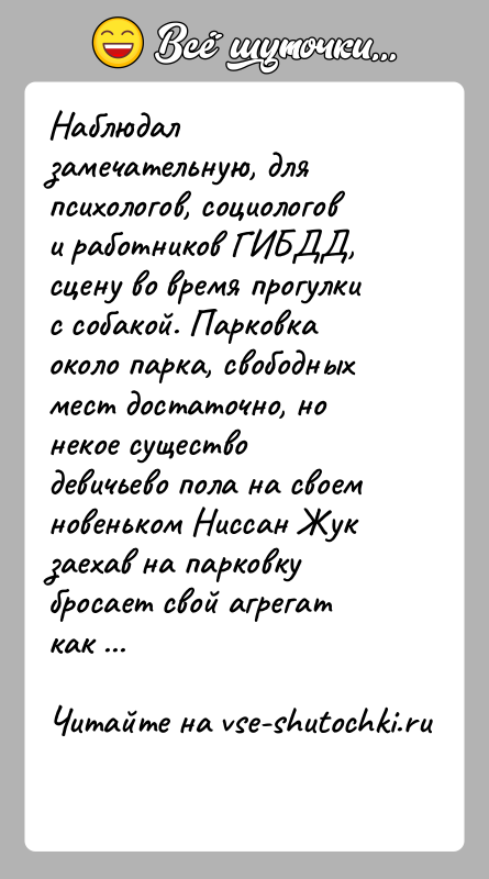 История: Наблюдал замечательную, для психологов, социологов и работников ГИБДД, сцену во время прогулки с собакой. Парковка около парка, свободных мест достаточно,