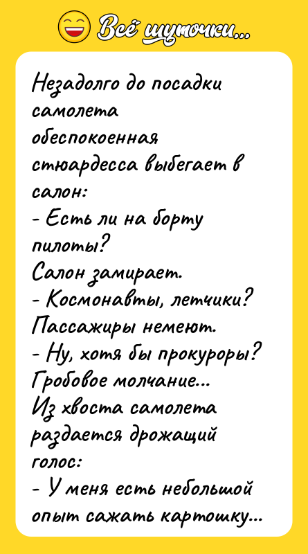 Незадолго до посадки самолета обеспокоенная стюардесса выбегает в салон: -