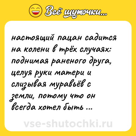 Шутка: настоящий пацан садится на колени в трёх случаях: поднимая раненого друга, целуя руки матери и слизывая муравьёв с земли, потому что он всегда хотел быть муравьедом, и не побоялся идти к своей мечте.
