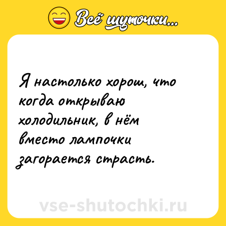 Шутка: Я настолько хорош, что когда открываю холодильник, в нём вместо лампочки загорается страсть.