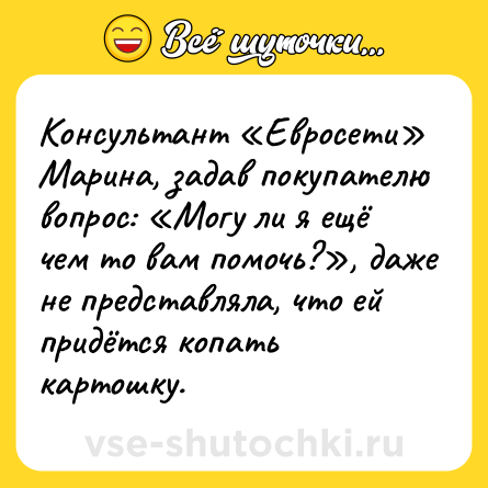 Шутка: Консультант «Евросети» Марина, задав покупателю вопрос: «Могу ли я ещё чем то вам помочь?», даже не представляла, что ей придётся копать картошку.