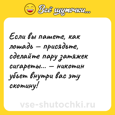 Шутка: Если вы пашете, как лошадь — присядьте, сделайте пару затяжек сигареты… — никотин убьет внутри вас эту скотину!