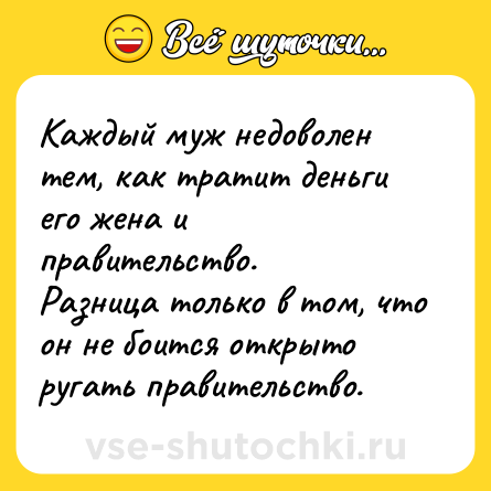 Шутка: Каждый муж недоволен тем, как тратит деньги его жена и правительство.<br>Разница только в том, что он не боится открыто ругать правительство.
