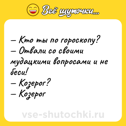 Шутка: — Кто ты по гороскопу? <br>— Отвали со своими мудацкими вопросами и не беси! <br>— Козерог? <br>— Козерог