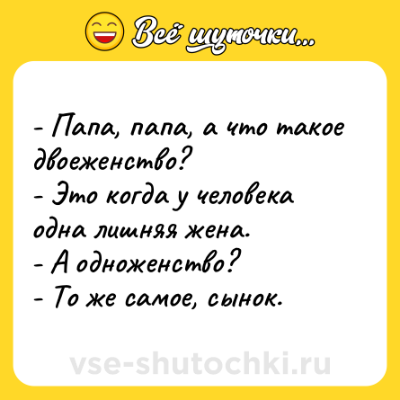 Шутка: - Папа, папа, а что такое двоеженство?<br>- Это когда у человека одна лишняя жена.<br>- А одноженство?<br>- То же самое, сынок.