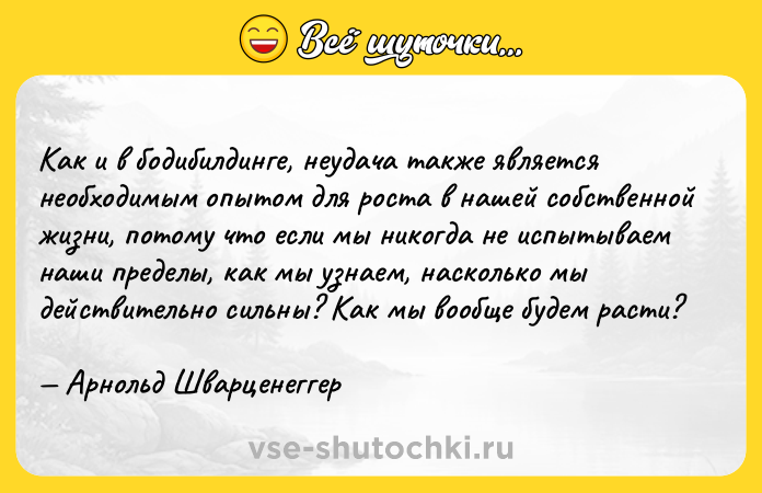 Цитата: Как и в бодибилдинге, неудача также является необходимым опытом для роста в нашей собственной жизни, потому что если мы никогда не испытываем наши пределы, как мы узнаем, насколько мы действительно сильны? Как мы вообще будем расти? Арнольд Шварценеггер