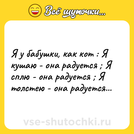 Шутка: Я у бабушки, как кот : Я кушаю - она радуется ; Я сплю - она радуется ; Я толстею - она радуется...