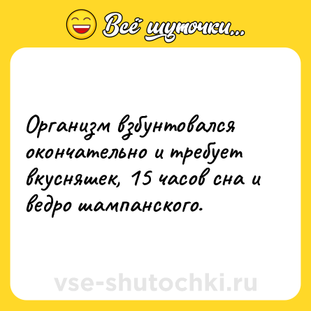 Шутка: Организм взбунтовался окончательно и требует вкусняшек, 15 часов сна и ведро шампанского.