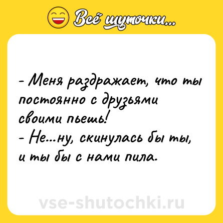 Шутка: - Меня раздражает, что ты постоянно с друзьями своими пьешь! <br>- Не...ну, скинулась бы ты, и ты бы с нами пила.