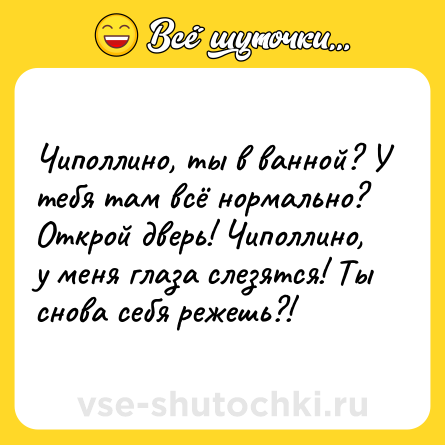 Шутка: Чиполлино, ты в ванной? У тебя там всё нормально? Открой дверь! Чиполлино, у меня глаза слезятся! Ты снова себя режешь?!