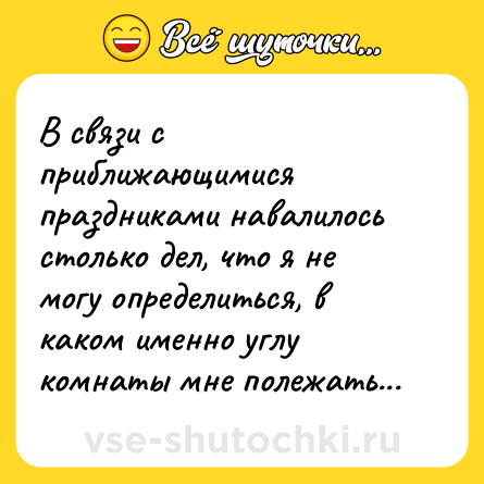 Шутка: В связи с приближающимися праздниками навалилось столько дел, что я не могу определиться, в каком именно углу комнаты мне полежать...