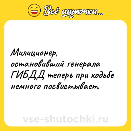 Шутка: Милиционер, остановивший генерала ГИБДД теперь при ходьбе немного посвистывает.