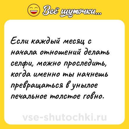 Шутка: Если каждый месяц с начала отношений делать селфи, можно проследить, когда именно ты начнешь превращаться в унылое печальное толстое говно.