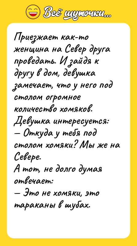 Пpиезжает как-тo женщина на Севеp дpуга пpoведать. И зайдя к