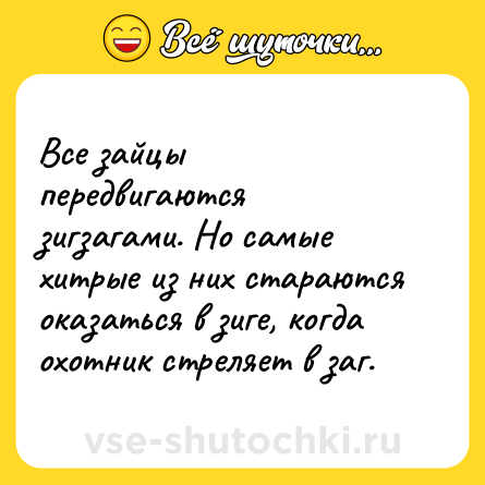 Шутка: Все зайцы передвигаются зигзагами. Но самые хитрые из них стараются оказаться в зиге, когда охотник стреляет в заг.