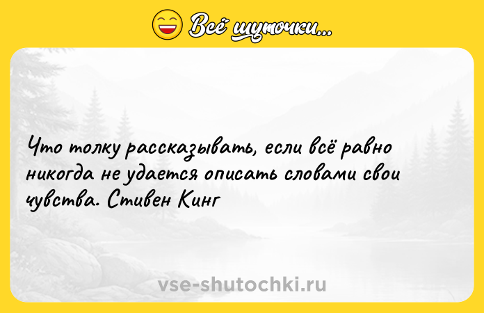 Цитата: Что толку рассказывать, если всё равно никогда не удается описать словами свои чувства. Стивен Кинг