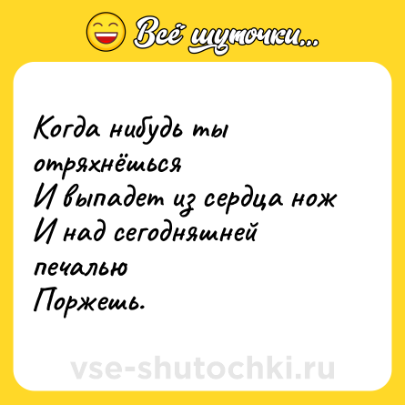 Шутка: Когда нибудь ты отряхнёшься<br>И выпадет из сердца нож<br>И над сегодняшней печалью<br>Поржешь.