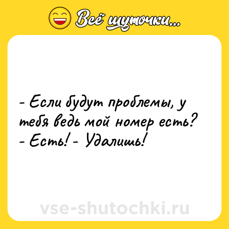 Шутка: - Если будут проблемы, у тебя ведь мой номер есть? - Есть! - Удалишь!