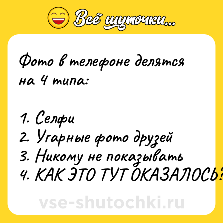 Шутка: Фото в телефоне делятся на 4 типа:<br><br>1. Селфи<br>2. Угарные фото друзей<br>3. Никому не показывать<br>4. КАК ЭТО ТУТ ОКАЗАЛОСЬ?!