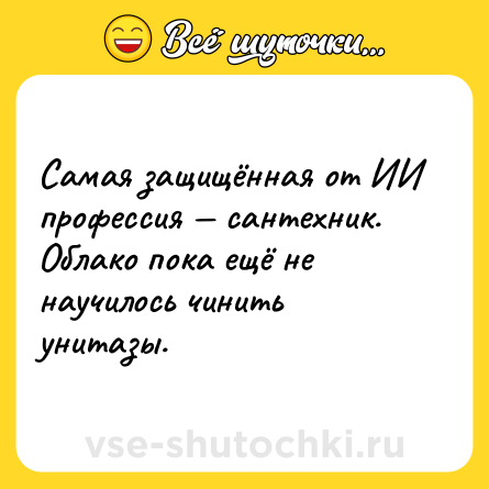 Шутка: Самая защищённая от ИИ профессия сантехник. Облако пока ещё не научилось чинить унитазы.