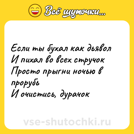 Шутка: Если ты бухал как дьявол<br>И пихал во всех стручок<br>Просто прыгни ночью в прорубь<br>И очистись, дурачок