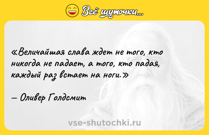 Цитата: Величайшая слава ждет не того, кто никогда не падает, а того, кто падая, каждый раз встает на ноги.Оливер Голдсмит