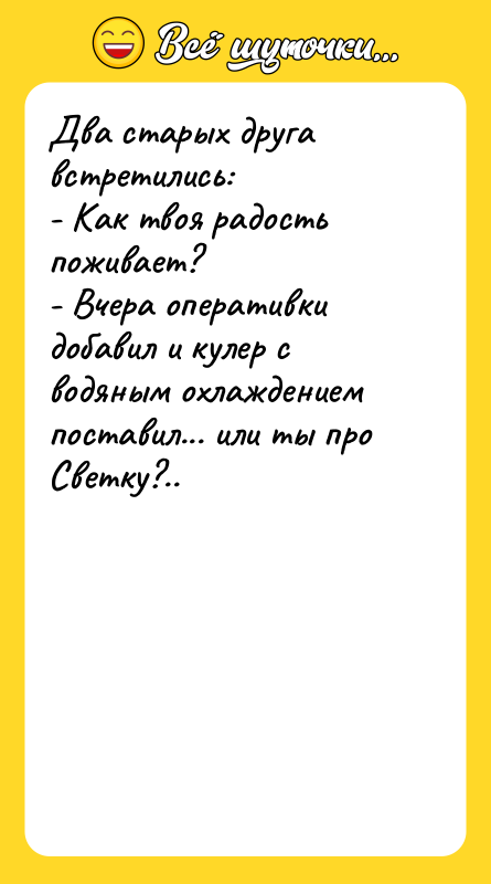 Два старых друга встретились: - Как твоя радость поживает? -