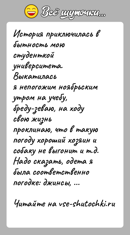 История: История приключилась в бытность мою студенткой университета. Выкатиласья непогожим ноябрьским утром на учебу, бреду-зеваю, на ходу свою жизньпроклинаю, что в